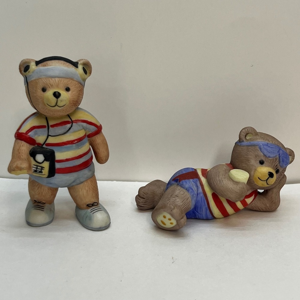 VTG Ceramic Teddy Bear‎ Figurines 80s Fitness Workout Set of 2 Bisque Porcelain